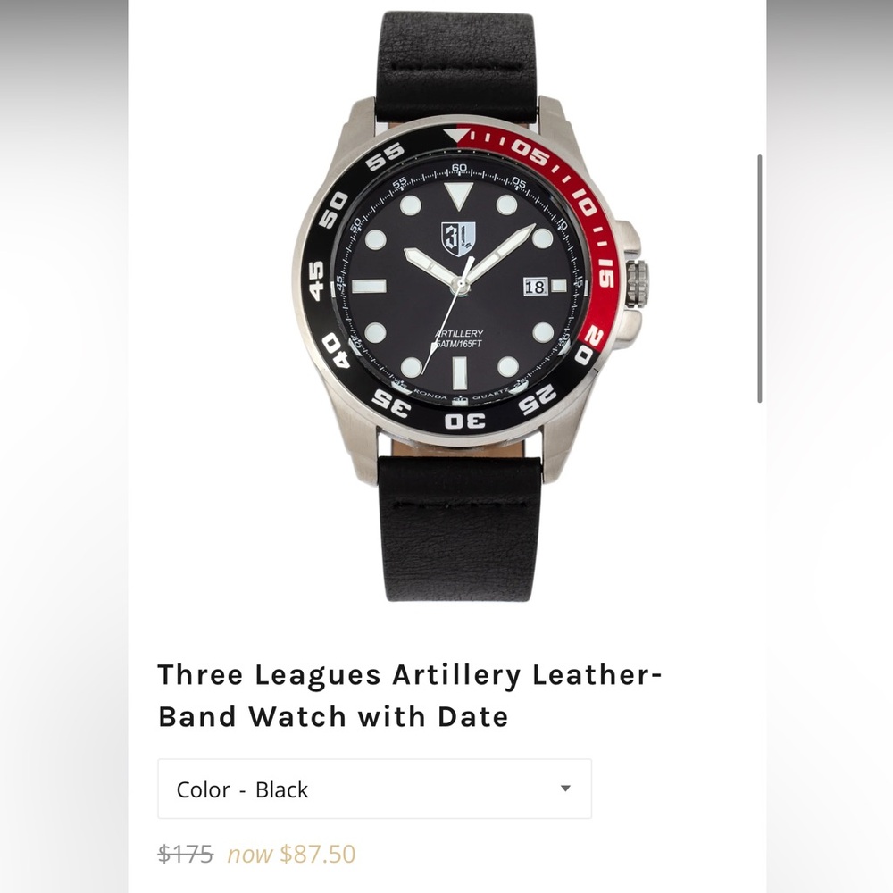3 Leagues Black and Red Leather-Band Watch